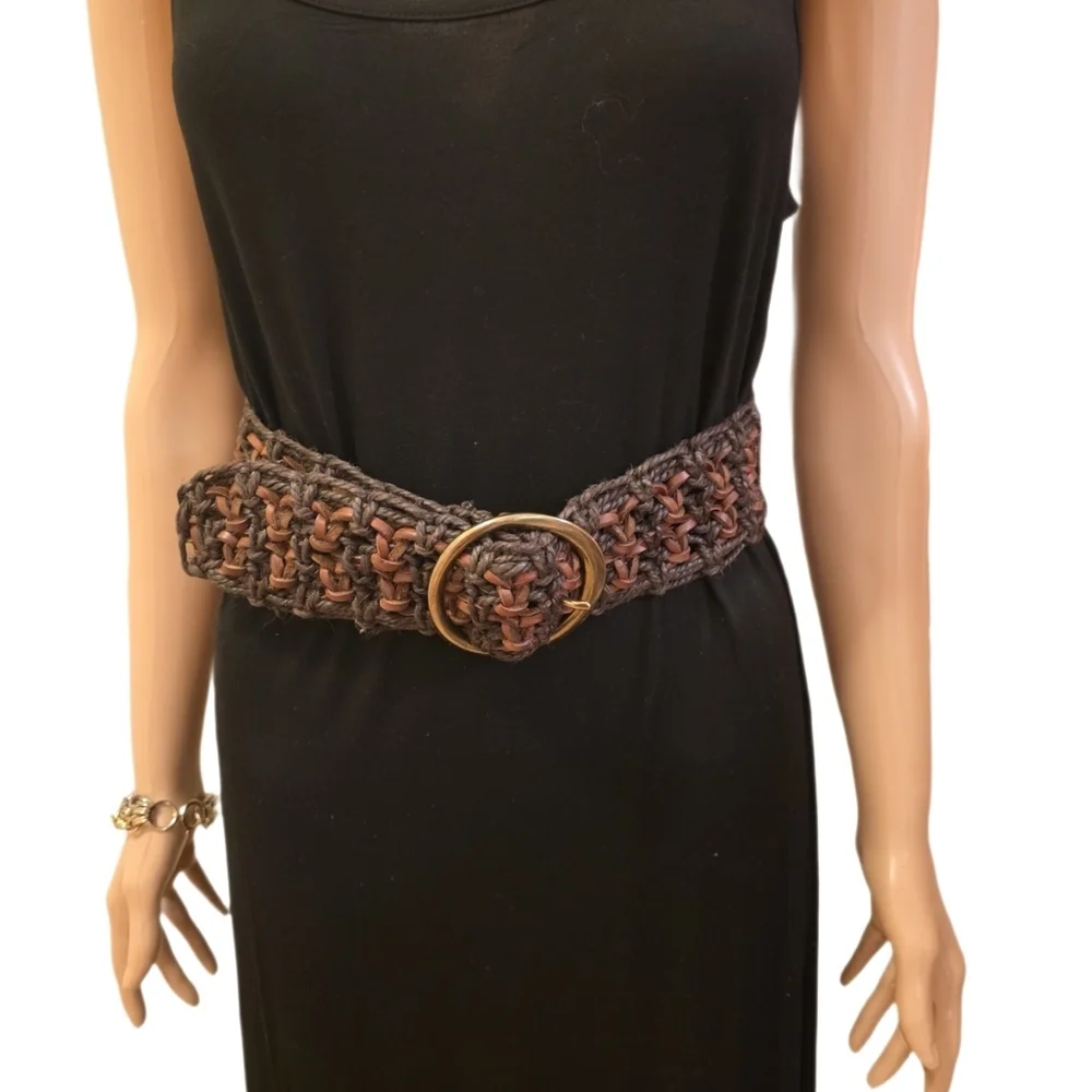 Vintage Woven Brown Macrame and Leather Wide Belt Gold Buckle Fits Up to 32